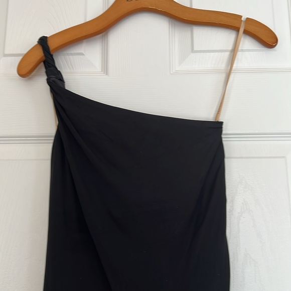 Vintage Black One-shoulder Low V-back Long Gown Stitched Rhinestone Brooch Siz 2 - Picture 7 of 13